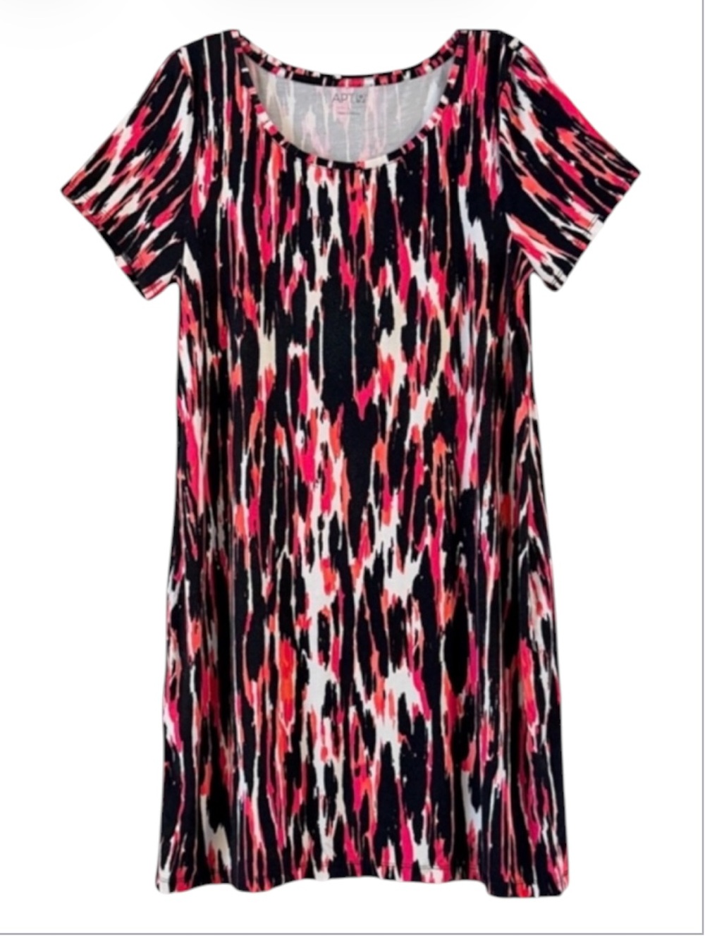 Apt 9 Pink Black Abstract Ikat Print Rayon Spandex Shift T-Shirt Dress L
